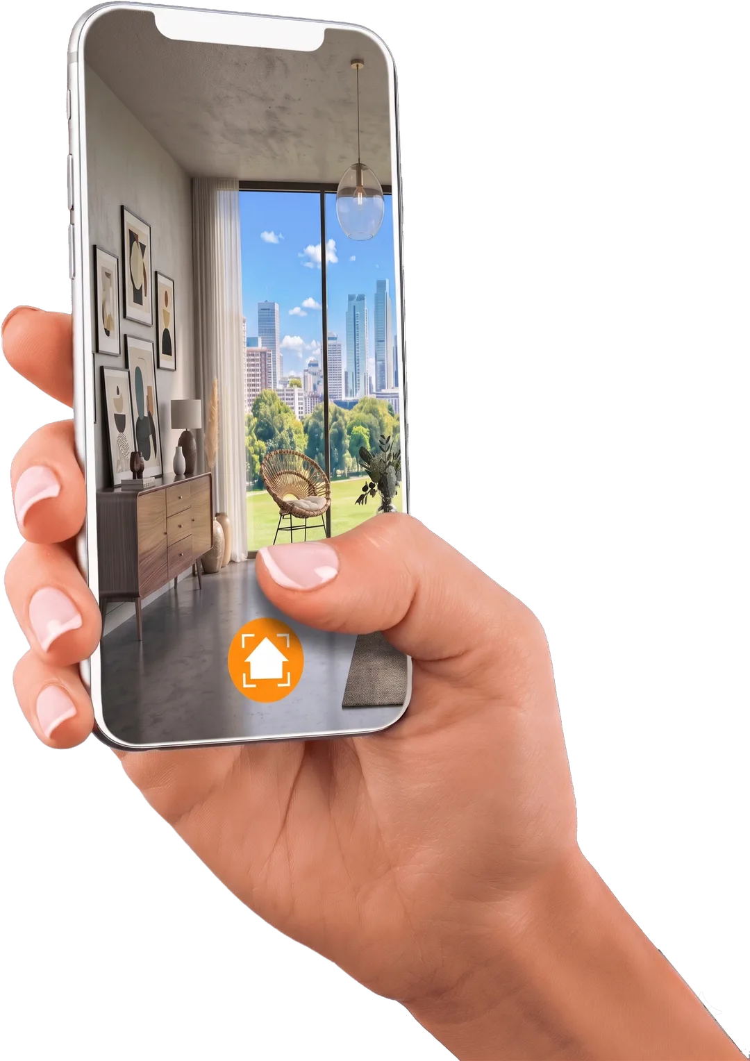 Hand holding the Exposio app showing a living room